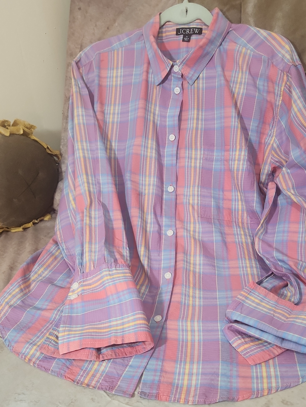 J. Crew Pastel Plaid Button-Down Shirt in Pink, Lavender and Blue